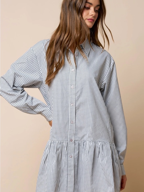 Lilymaes Boutique Dresses & Skirts - Gingham Button-Front Long Sleeve Ruffle Shirt Dress in Black and White